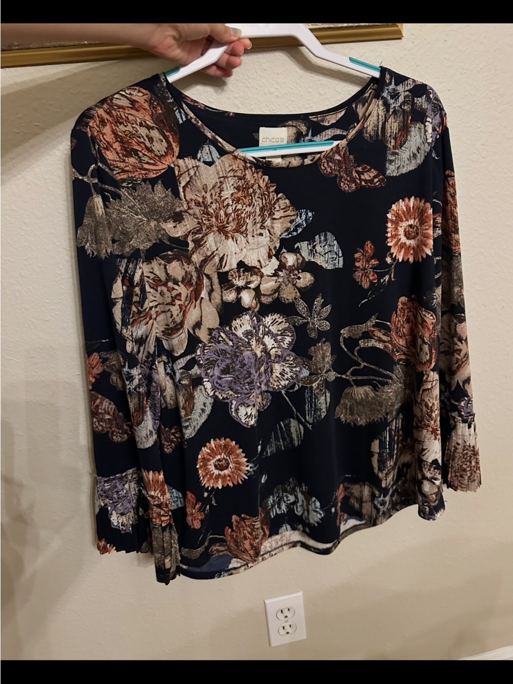 Chico's Navy Floral Long Sleeve Tee with Multicolor Blooms